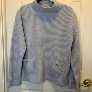 Cozy Gray Ribbed Funnel Neck 100% Cashmere Sweater with Front Pockets